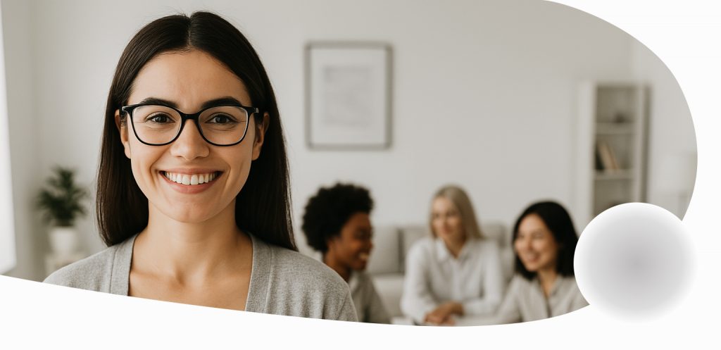A smiling wonan on the foreground and people in the bakground seat around a table in a flat