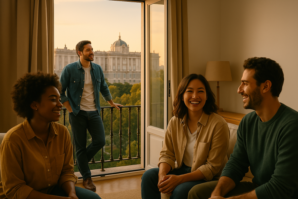 A 4 persons group in a flatm hapyy to have their home in Madrid.